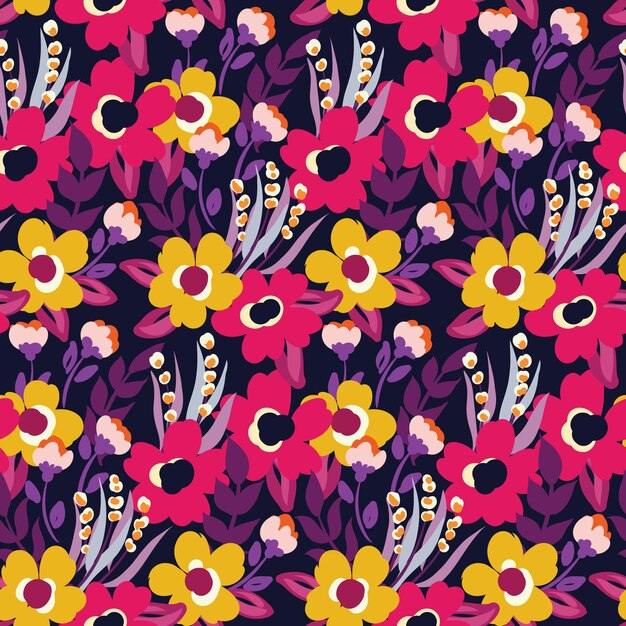 Patrón floral sin costuras impresión ditsy colorida con prado de verano dibujado a mano hermoso fondo botánico con pequeñas plantas flores hojas y hierbas en estilo retro ilustración vectorial