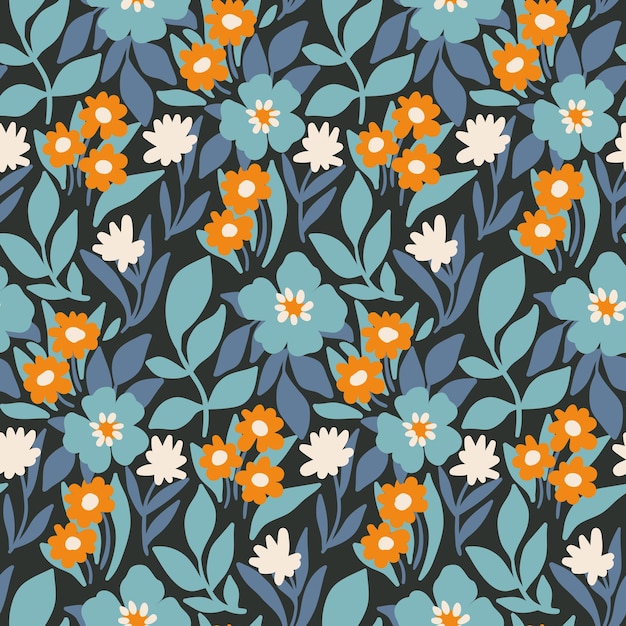 Patrón floral sin costuras impresión natural con motivo de invierno Diseño botánico lindo con un prado forestal en colores azules pequeñas flores dibujadas a mano hojas hierbas en un fondo oscuro Ilustración vectorial