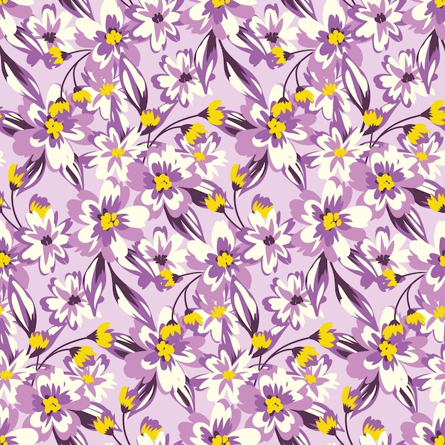Patrón floral sin costuras libertad artística impresión ditsy con motivo vintage diseño botánico delicado pequeñas flores dibujadas a mano hojas pequeñas en un delicado fondo lila ilustración vectorial