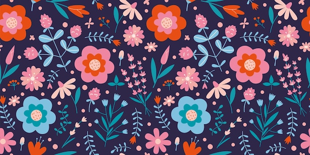 Patrón floral sin costuras con lindas flores silvestres en un estilo de dibujos animados de fondo oscuro Ilustración vectorial moderna de moda dibujada a mano plana