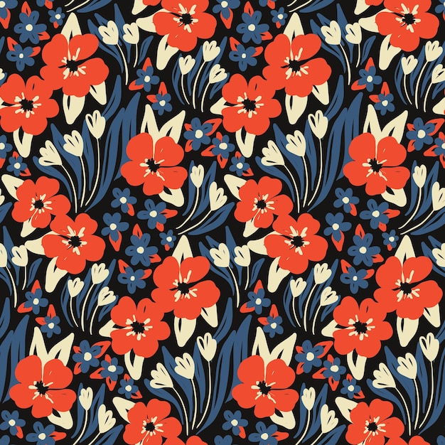 Patrón floral sin costuras lindo estampado ditsy con prado decorativo en estilo retro bonito diseño floral con pequeñas flores dibujadas a mano hojas hierba sobre un fondo azul vector ilustración botánica