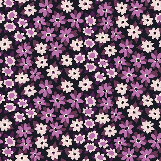 Patrón floral sin costuras con mini flores en un campo morado lindo diseño floral con pequeñas flores dibujadas a mano hojas diminutas sobre fondo oscuro diseño gráfico de ilustración vectorial