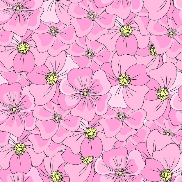 Patrón floral sin costuras de rosa silvestre, briar, flor dibujada a mano, dogrose, ilustración vectorial de color rosa