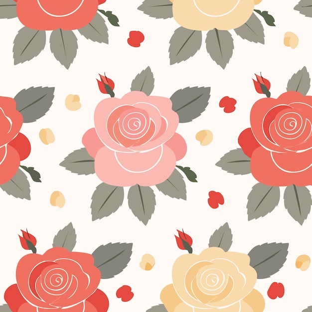 Patrón floral sin costuras con rosas rojas, rosas y amarillas con hojas verdes sobre un fondo cremoso suave
