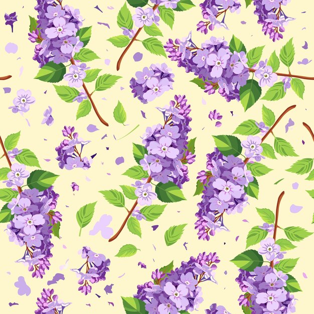Patrón floral sin costuras vectorial con lila sobre un fondo amarillo claro