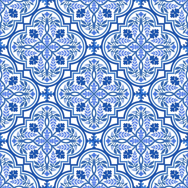 Patrón floral de damasco azul y blanco