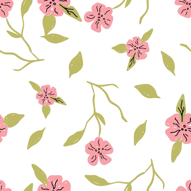 Patrón floral dibujado a mano con flores rosadas y hojas verdes sobre un fondo blanco belleza de la naturaleza
