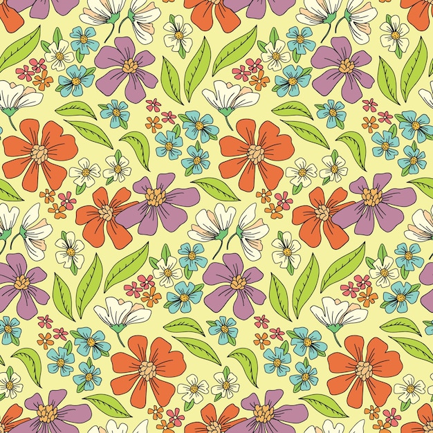 Patrón floral en estilo retro Mezcla de diferentes flores y hojas con un contorno Estampado hippie de patrones sin fisuras en vector