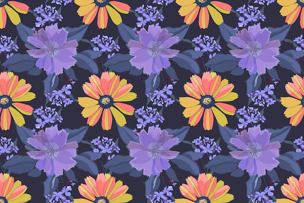 Patrón floral sin fisuras. flores amarillas, rosadas, púrpuras, hojas azules aisladas