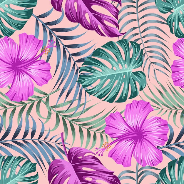 Vector patrón floral sin fisuras con hojas de fondo tropical