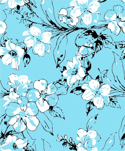 Patrón floral con flores azules y blancas