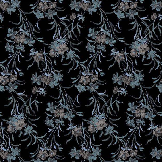un patrón floral con flores azules en un fondo negro