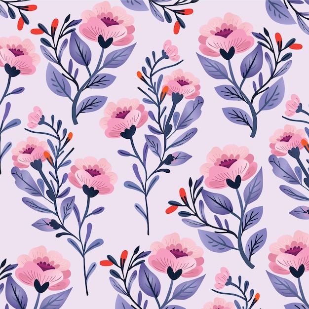 Un patrón floral con flores y hojas de color rosa.