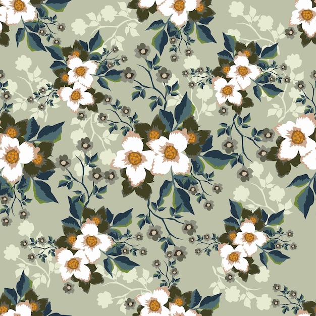 un patrón floral con flores y hojas en un fondo gris