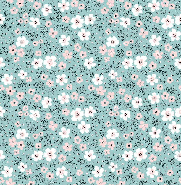 Vector patrón floral flores lindas fondo azul claro diseño con pequeñas flores blancas estampado ditsy