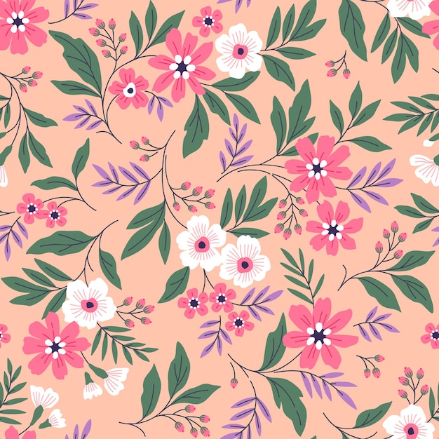 Patrón floral Flores lindas Fondo coral claro Diseño con pequeñas flores pastel Estampado Ditsy