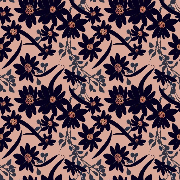 Un patrón floral con flores negras sobre un fondo rosa.