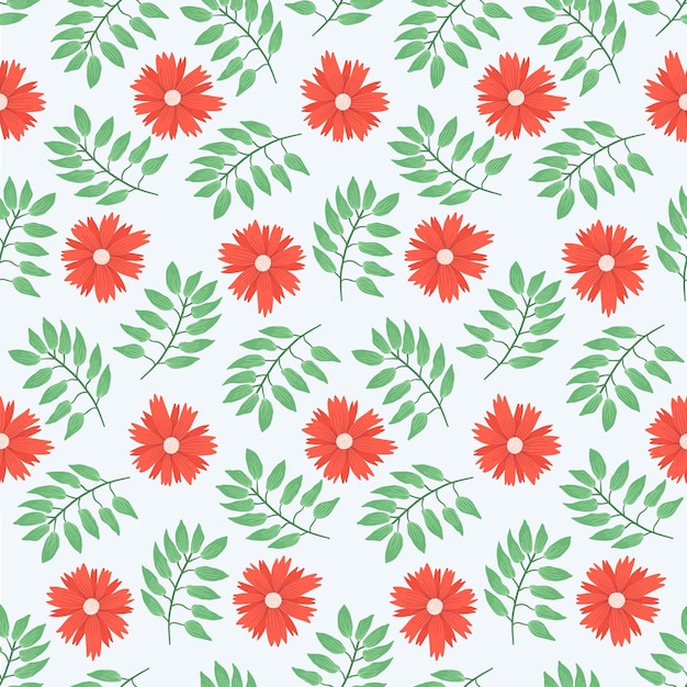 Patrón floral con flores rojas y hojas verdes.