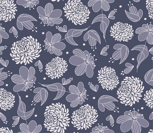 Un patrón floral con flores vibrantes sobre un fondo azul profundo
