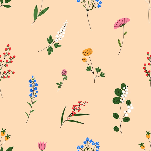 Patrón floral, fondo botánico sin costuras. Flores de campo y pradera, estampado repetitivo. Plantas silvestres en flor, diseño de texturas naturales infinitas para textiles, telas y papel tapiz. Ilustración de vector plano