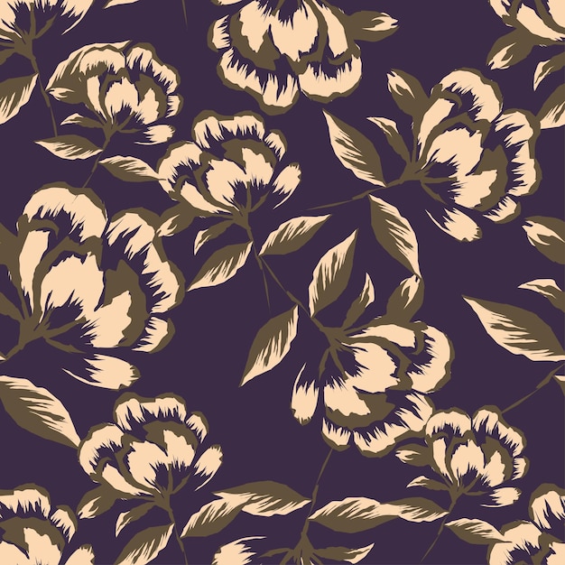 Patrón floral fondo sin costuras con diferentes tipos de flores fabulosas hierbas hojas en la oscuridad