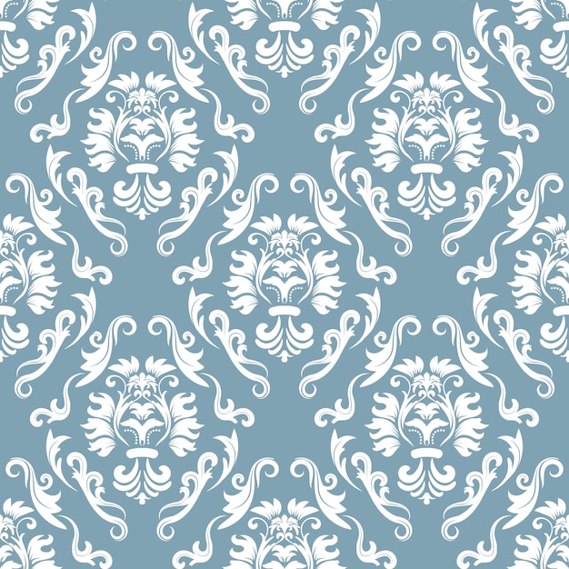 Patrón floral. Fondo de pantalla barroco, damasco. Fondo de vector inconsútil. Ornamento azul y blanco