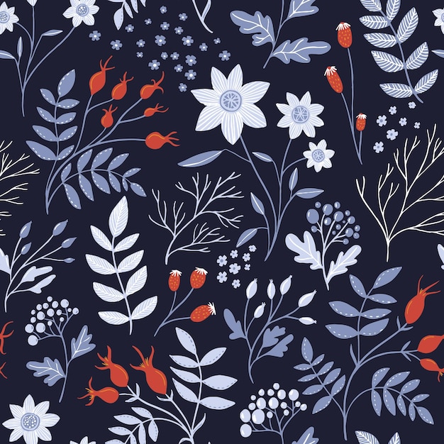 Patrón floral de invierno con flores blancas, escaramujos rojos y diferentes ramas con hojas ornamentadas. Textura botánica transparente elegante oscura, fondo repetido para diseño textil y papel de regalo.
