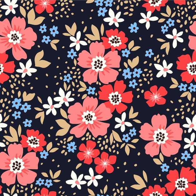 Patrón floral de moda vector transparente Impresión sin costuras Pequeñas flores rosas y rojas Fondo negro