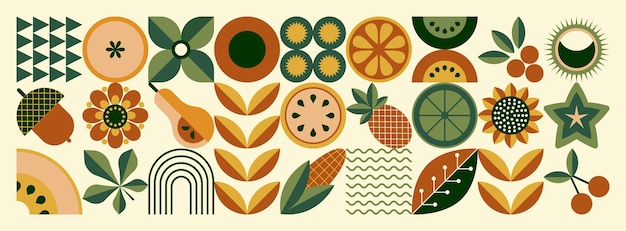 Patrón floral de mosaico de otoño estilo geométrico escandinavo concepto de agricultura ecológica abstracción Fr