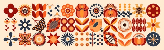 Patrón floral de mosaico de otoño Estilo geométrico escandinavo Motivos ucranianos Flor orgánica natural