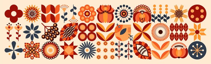 Patrón floral de mosaico de otoño Estilo geométrico escandinavo Motivos ucranianos Flor orgánica natural