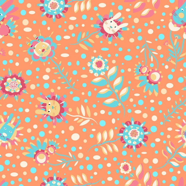 Patrón floral naranja vectorial sin inconvenientes con flores azules con caras divertidas de conejitos en el interior. Para niños