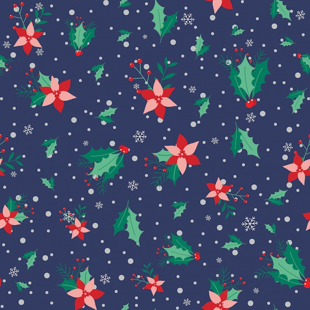 Vector patrón floral de navidad con fondo de nieve