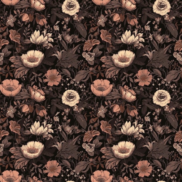 Un patrón floral negro con flores blancas y rojas.