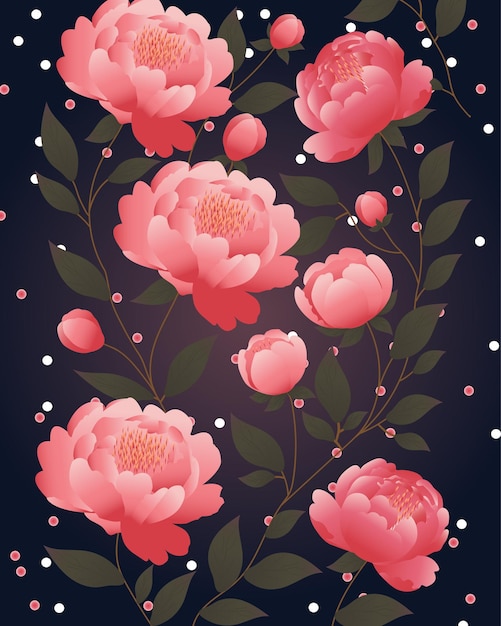 Patrón floral oscuro sin costuras con peonías rosas Elegante jardín nocturno de fondo