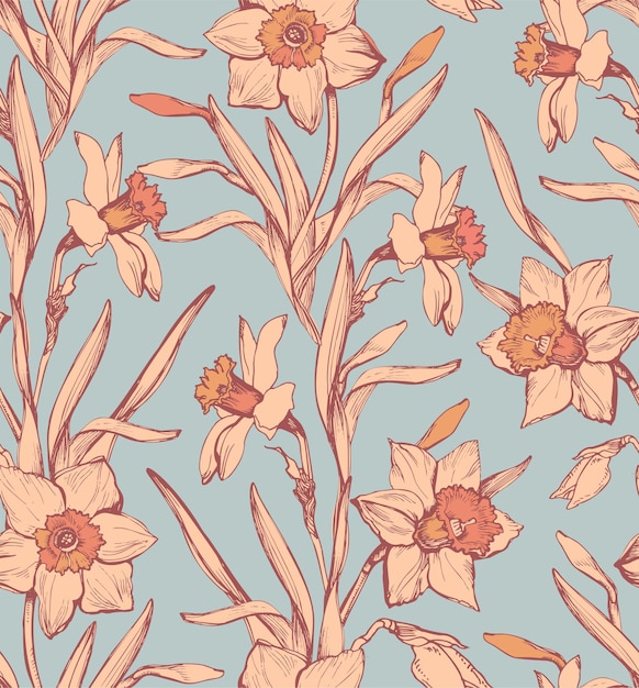 Patrón floral de primavera sin costuras con narciso narciso de color coral calmante en tonos terrosos tranquilos