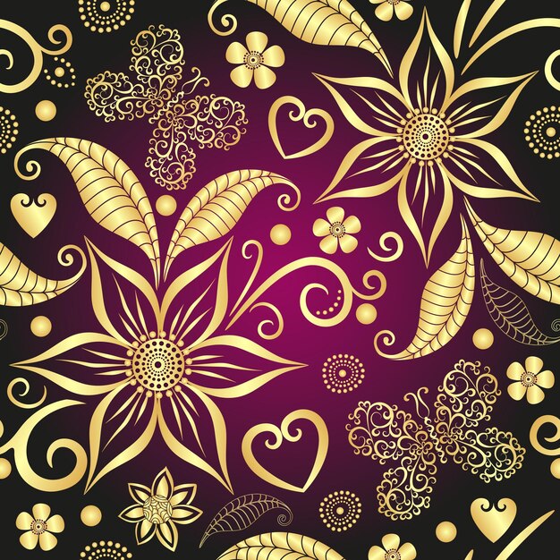 Patrón floral púrpura de San Valentín transparente de vector con rizos vintage de oro