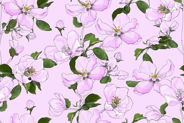 Patrón floral con ramas delineadas flores cerezo ramitas de árbol en flor sakura o flor de manzana