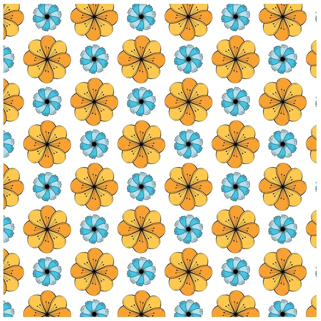 Patrón floral repetitivo con flores naranjas y azules sobre fondo blanco