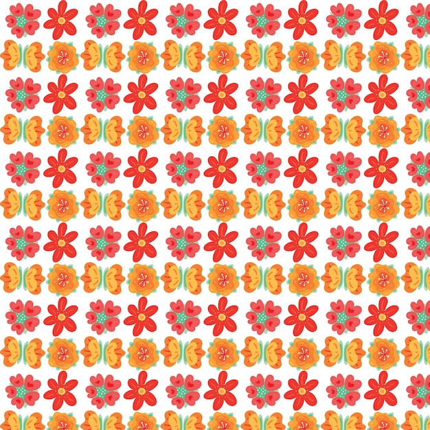 Patrón floral repetitivo con flores rojas y naranjas sobre un fondo blanco