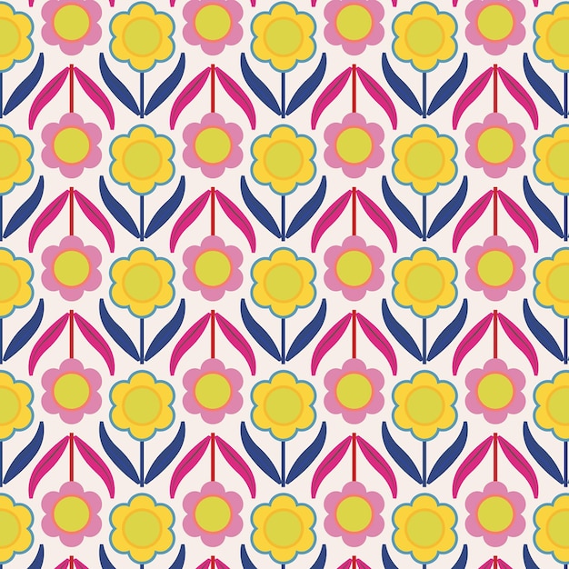 Patrón floral retro amarillo azul y rosa