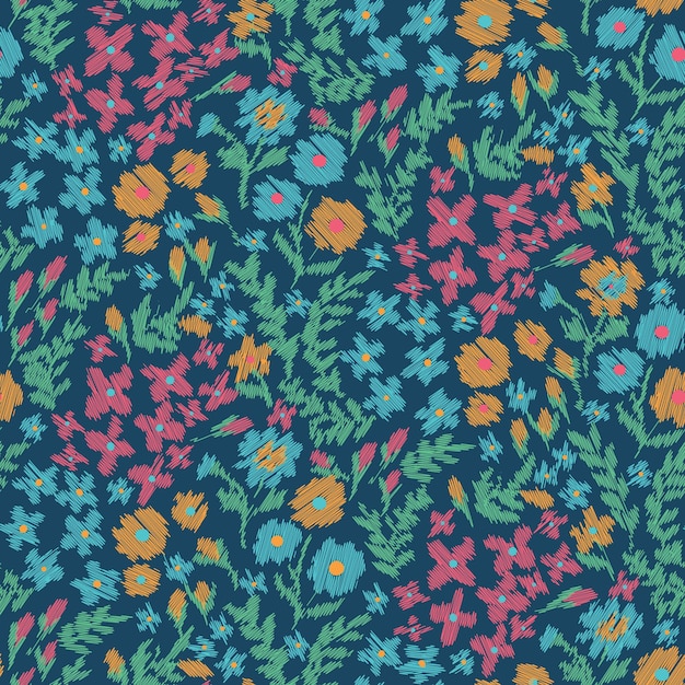 Patrón floral retrócolorido dibujado a mano en estilo de textura garabateada