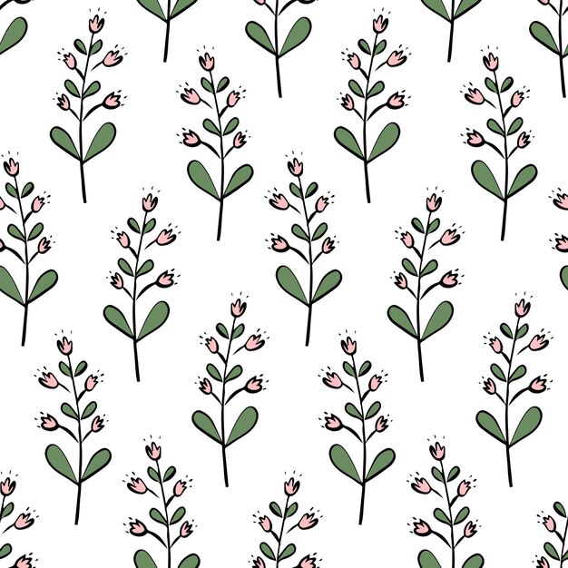 Patrón floral rosa y verde sin costuras con delicadas flores y hojas silvestres dibujadas a mano