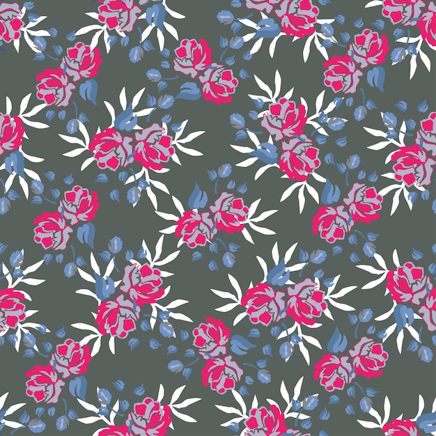un patrón floral con rosas rosas en un fondo gris