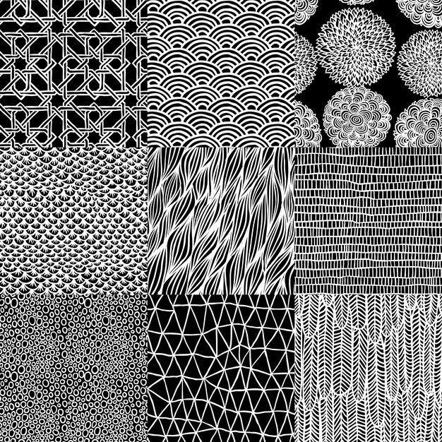 Patrón floral transparente conjunto ilustración vectorial en blanco y negro