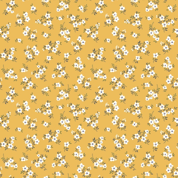 Patrón floral transparente para el diseño Pequeñas flores blancas Fondo amarillo Patrón floral moderno