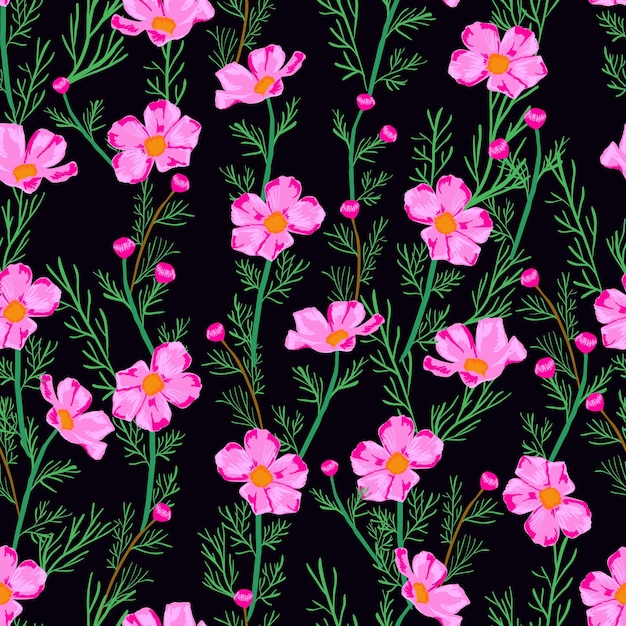 Patrón floral transparente con flores Cosmos bipinnatus estilo Liberty millefleurs