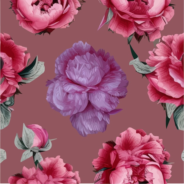 Patrón floral transparente con flores de peonías rosas y hojas verdes en color