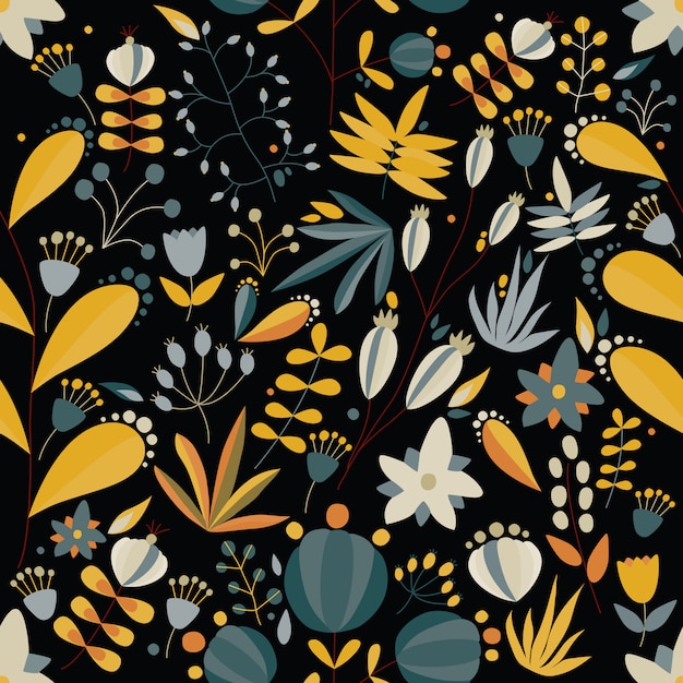 Patrón floral transparente con flores y plantas en fondo negro. Ilustración de vector tropical