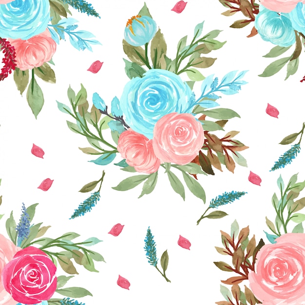 Vector patrón floral transparente con flores rosas y azules